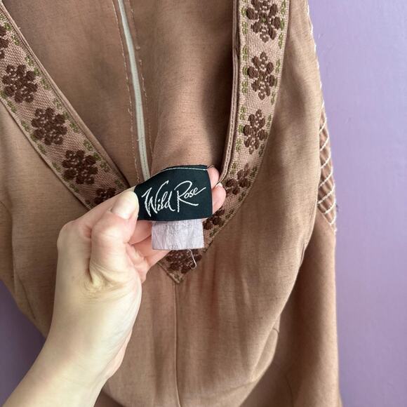 Vintage Wild Rose Warm Brown Wide-Leg Rayon Jumpsuit Boho Chic Coastal Cowgirl - Picture 7 of 9